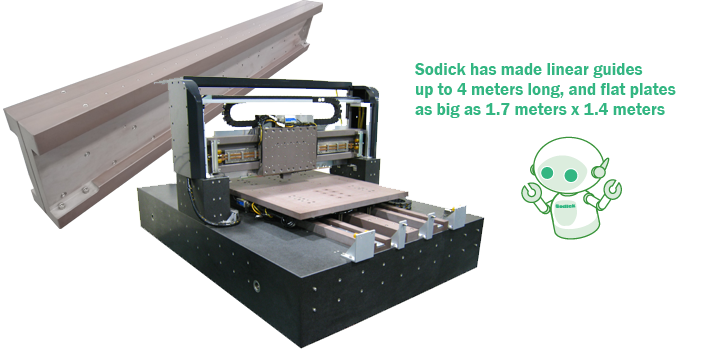 Sodick has made linear guides up to 4 meters long, and flat plates as big as 1.7 meters x 1.4 meters
