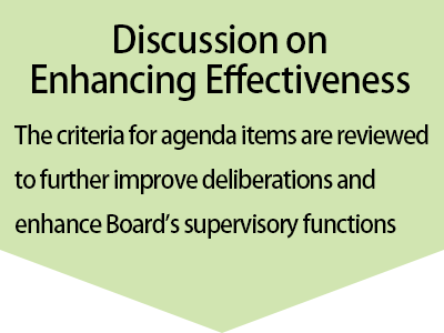 Discussion on Enhancing Effectiveness
The criteria for agenda items are reviewed to further improve deliberations and enhance Board’s supervisory functions