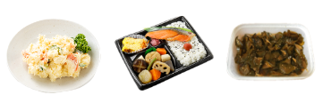 弁当、ポテトサラダ、漬物