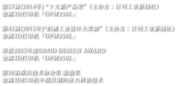 第57届(2014年) “十大新产品奖”(主办方:日刊工业新闻社)
金属3D打印机「OPM250L」
第45届(2015年)“机械工业设计大奖赛”(主办方:日刊工业新闻社)
金属3D打印机「OPM250L」
荣获2015年度GOOD DESIGN AWARD
金属3D打印机「OPM250L」
第30届模具技术协会奖 鼓励奖
金属3D打印机中模具钢的应力释放技术