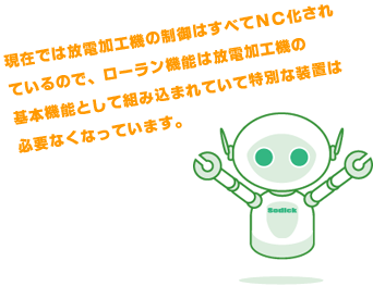 現在では放電加工機の制御はすべてNC化されているので、ローラン機能は放電加工機の基本機能として組み込まれていて特別な装置は必要なくなっています。