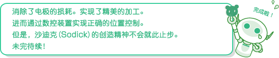 電極は減らない。美しい仕上がりも実現できた。さらにNC装置で正確な位置制御ができる。でしかしこれだけではソディックの発明魂はおわらないんだ。続きは次号で！