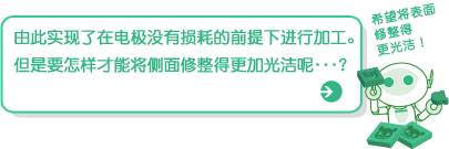 由此实现了在电极没有损耗的前提下进行加工。
但是要怎样才能将侧面修整得更加光洁呢・・・?