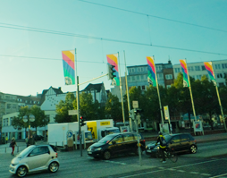 A street near the exhibition center. Many EMO flags flew overhead.